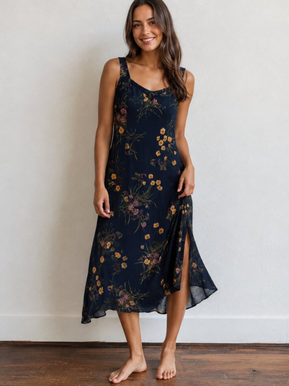 Reformation Floral Bias Cut Midi Dress Womens 0  Navy Wildflower Cottagecore